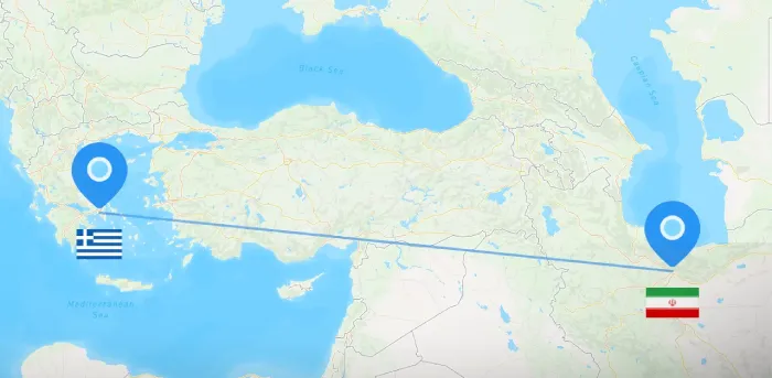 فاصله ایران تا یونان